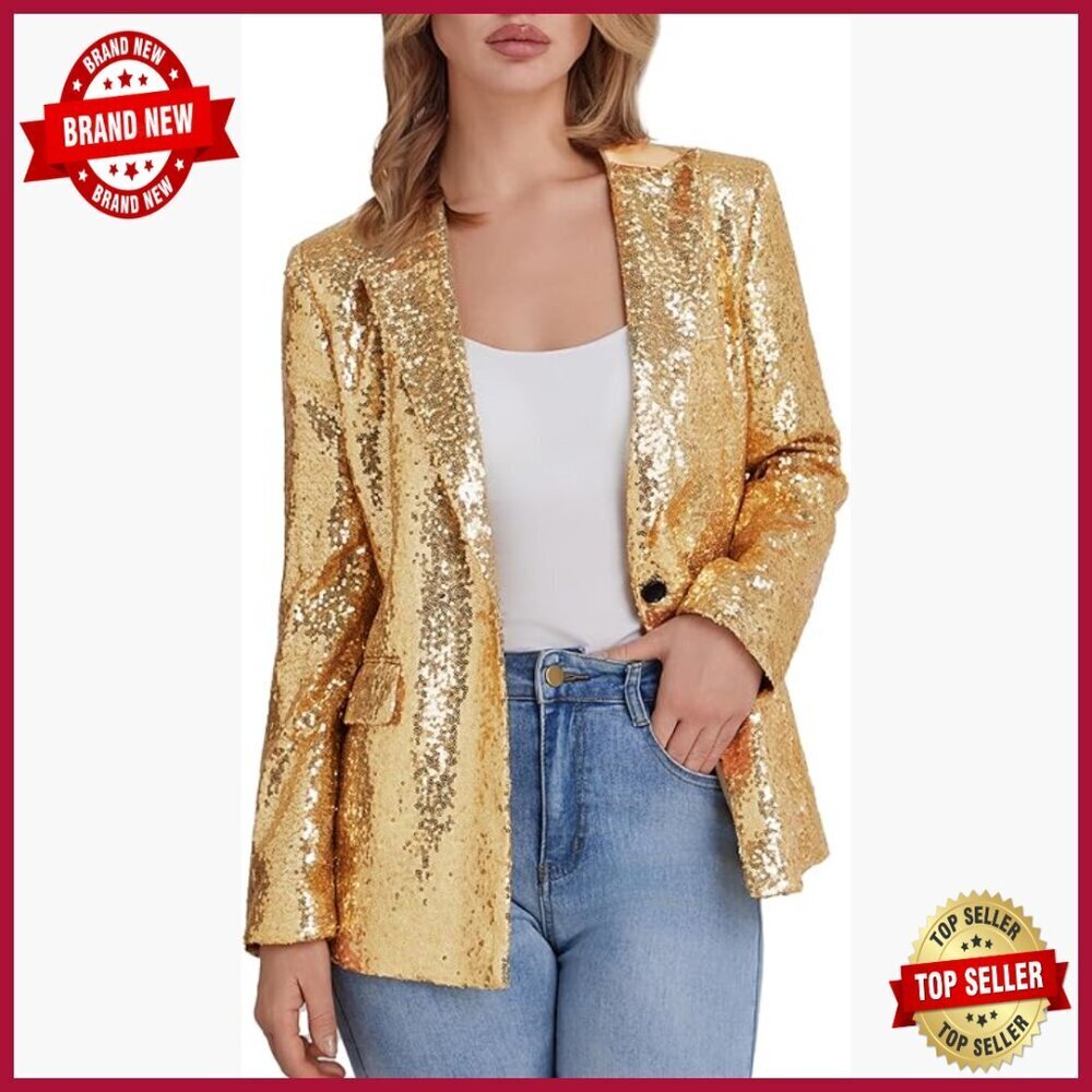 Sequin Blazer One Button Open Front Long Sleeve Party Sparkle Jacket with